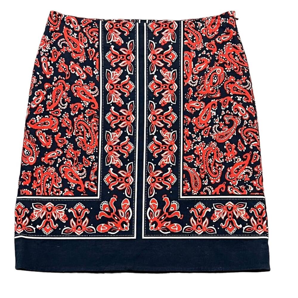 Talbots Petites‎ Womens 2P Navy Blue Red Paisley Handkerchief Pencil Skirt Lined